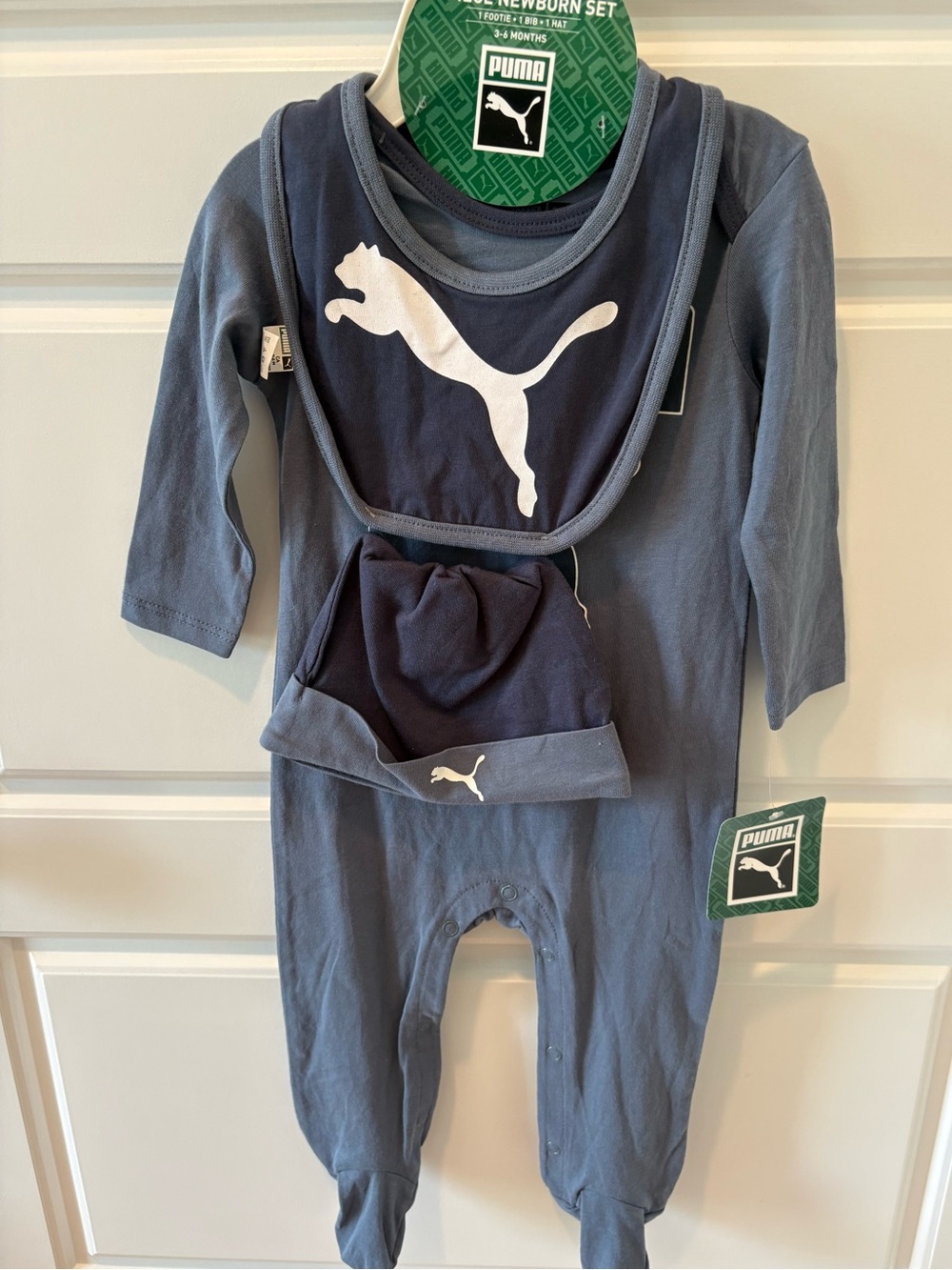NWT Puma Blue 3 Piece Set-Footie,Knotted Cap,Bib Size 3-6 M